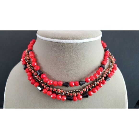 Vintage Jewelry- Red And Black Statement Multi-Strand Necklace - Picture 1 of 4